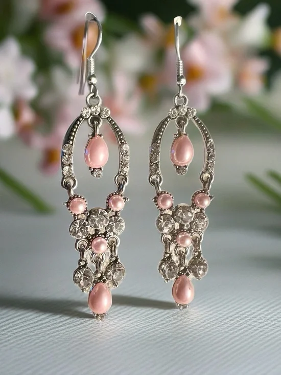 paparazzi Pink Pearl and Crystal Chandelier Earrings - Picture 1 of 2